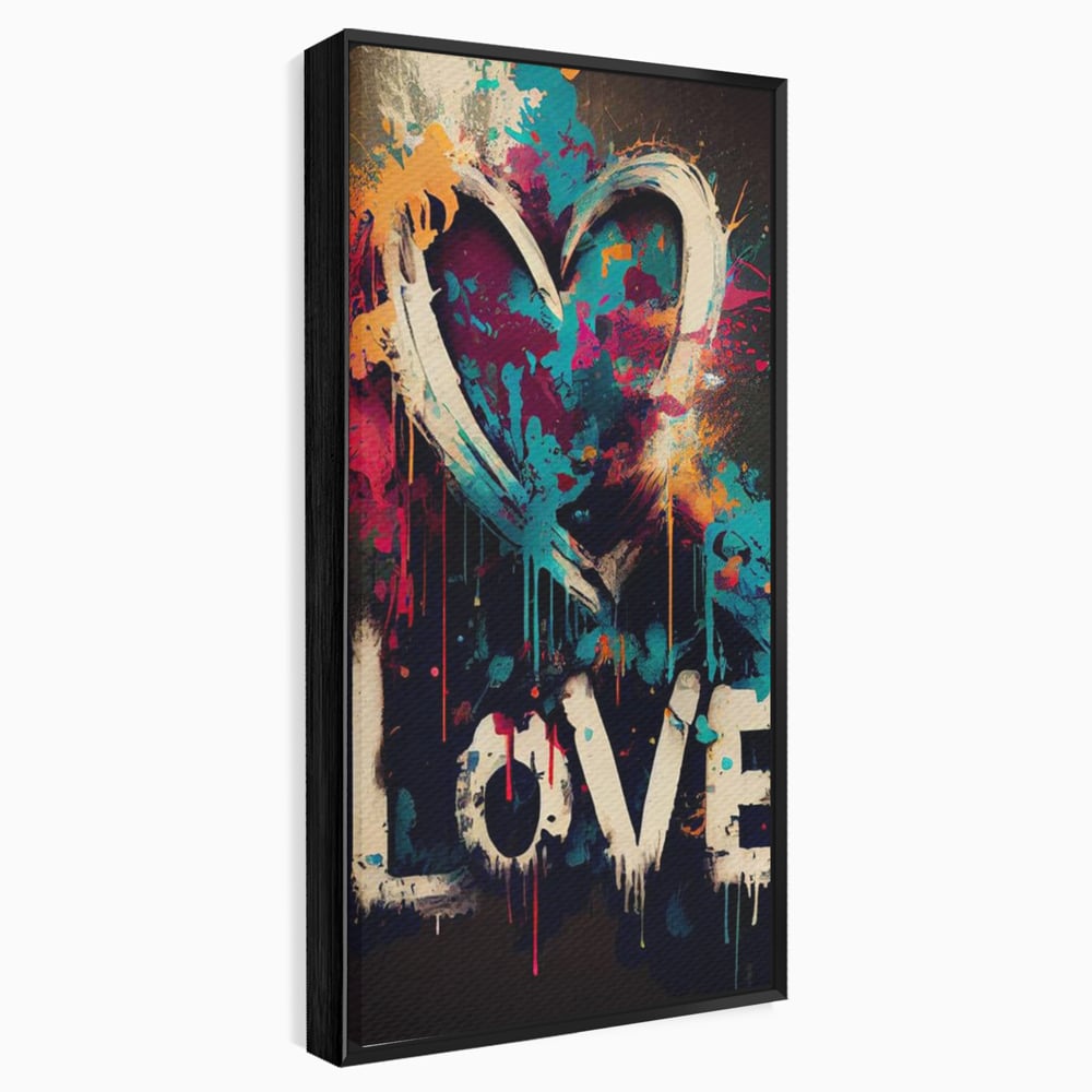 Tablou canvas cu tablou canvas cu inima graffiti si cuvantul love, in rama de aluminiu negru